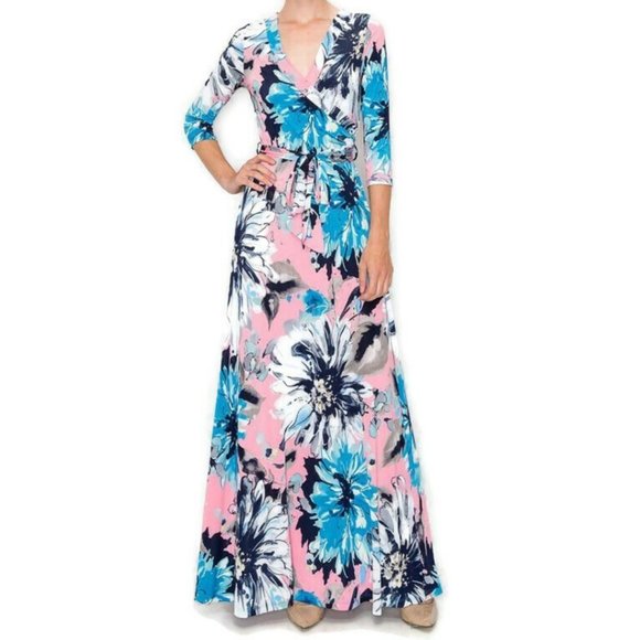 Janette Fashion Pink and Blue Blossom Floral Faux Wrap Maxi Dress - Picture 4 of 4